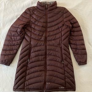 LL Bean women’s Ultralight 850 down long winter coat, burgundy, medium
